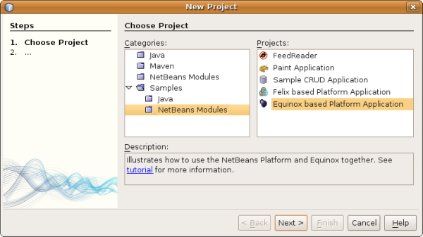Choisir Nouveau Projet; Samples, NetBeans Modules et Equinox based Platform Application